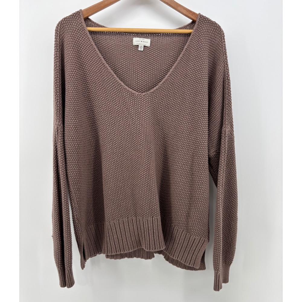 Lucky Brand Knit Pullover Sweater Women's Large V-Neck Taupe Light Brown